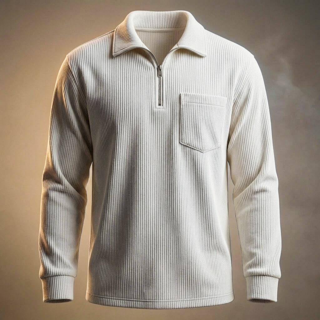 Men's Quarter Zip Polo Neck Jumper Long Sleeve Ribbed Texture Chest Pocket