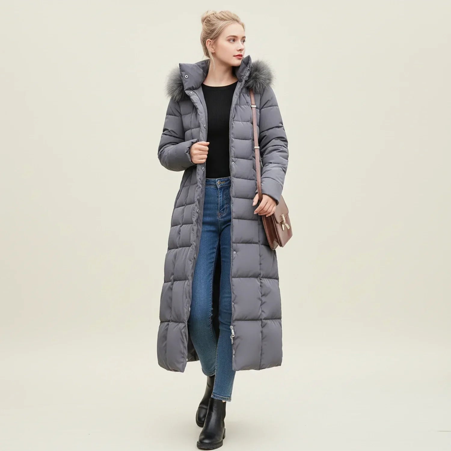 Women's Quilted Puffer Coat Maxi Length Hood Belt Warm Winter Jacket