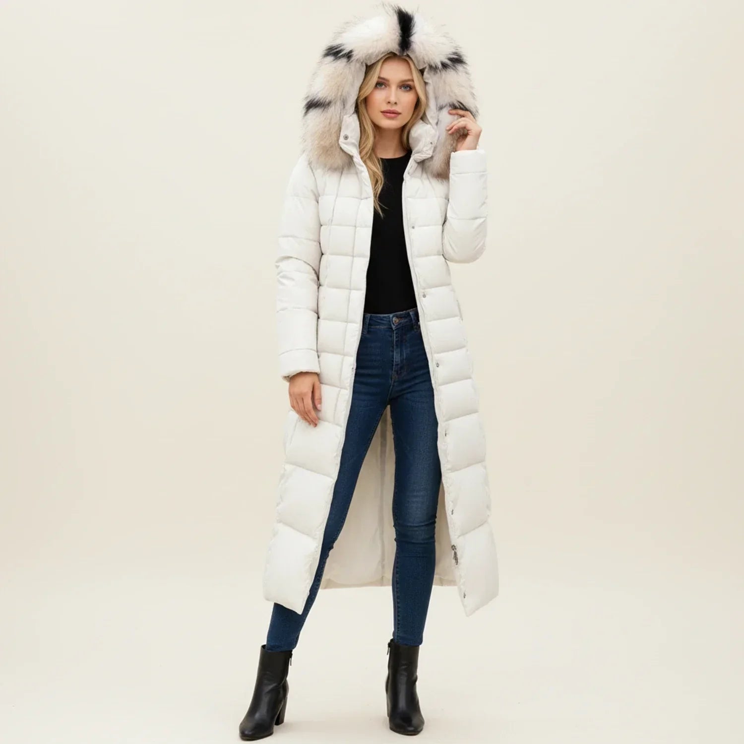 Women's Quilted Puffer Coat Maxi Length Hood Belt Warm Winter Jacket