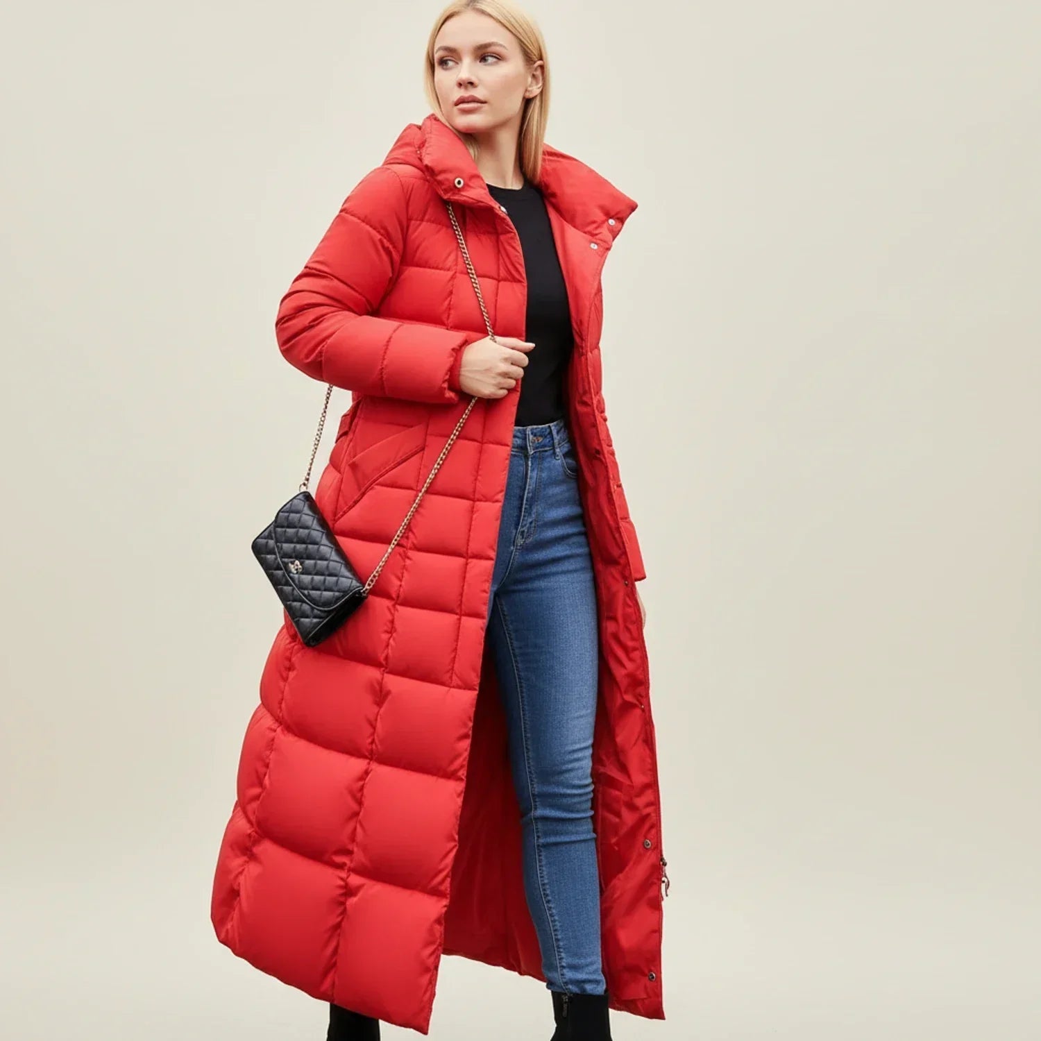 Women's Quilted Maxi Puffer Coat with Hood Belt Warm Winter Jacket