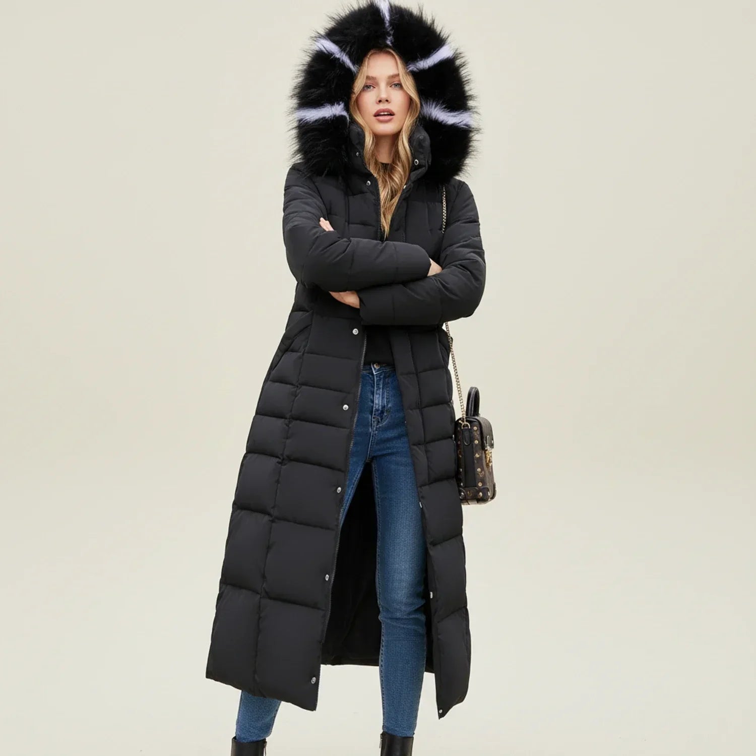 Women's Quilted Puffer Coat Maxi Length Hood Belt Warm Winter Jacket
