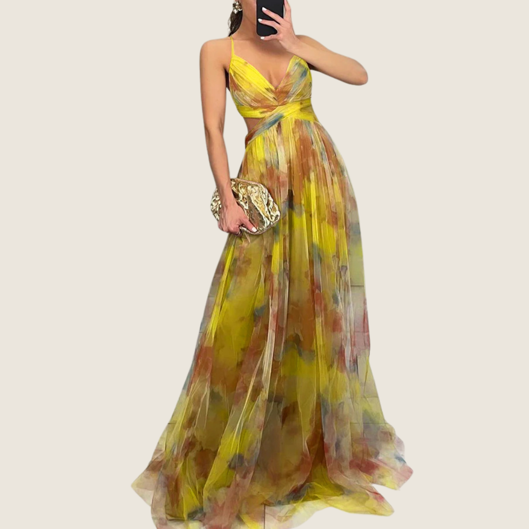 Women's A-line maxi dress with a V-neckline