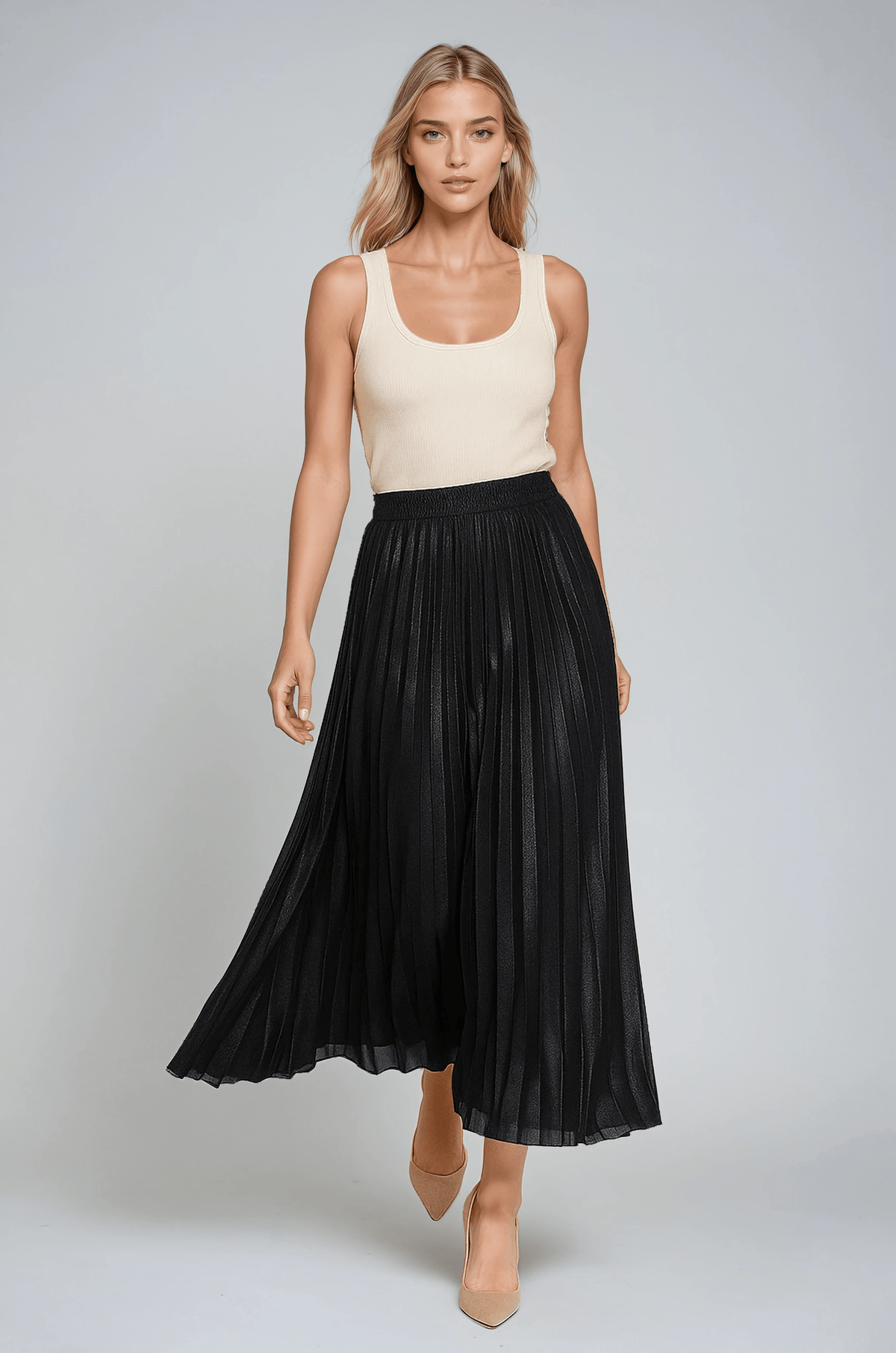 Women's Black Pleated Skirt with a Wide Gathered Waistband and Sheer Hemline-2