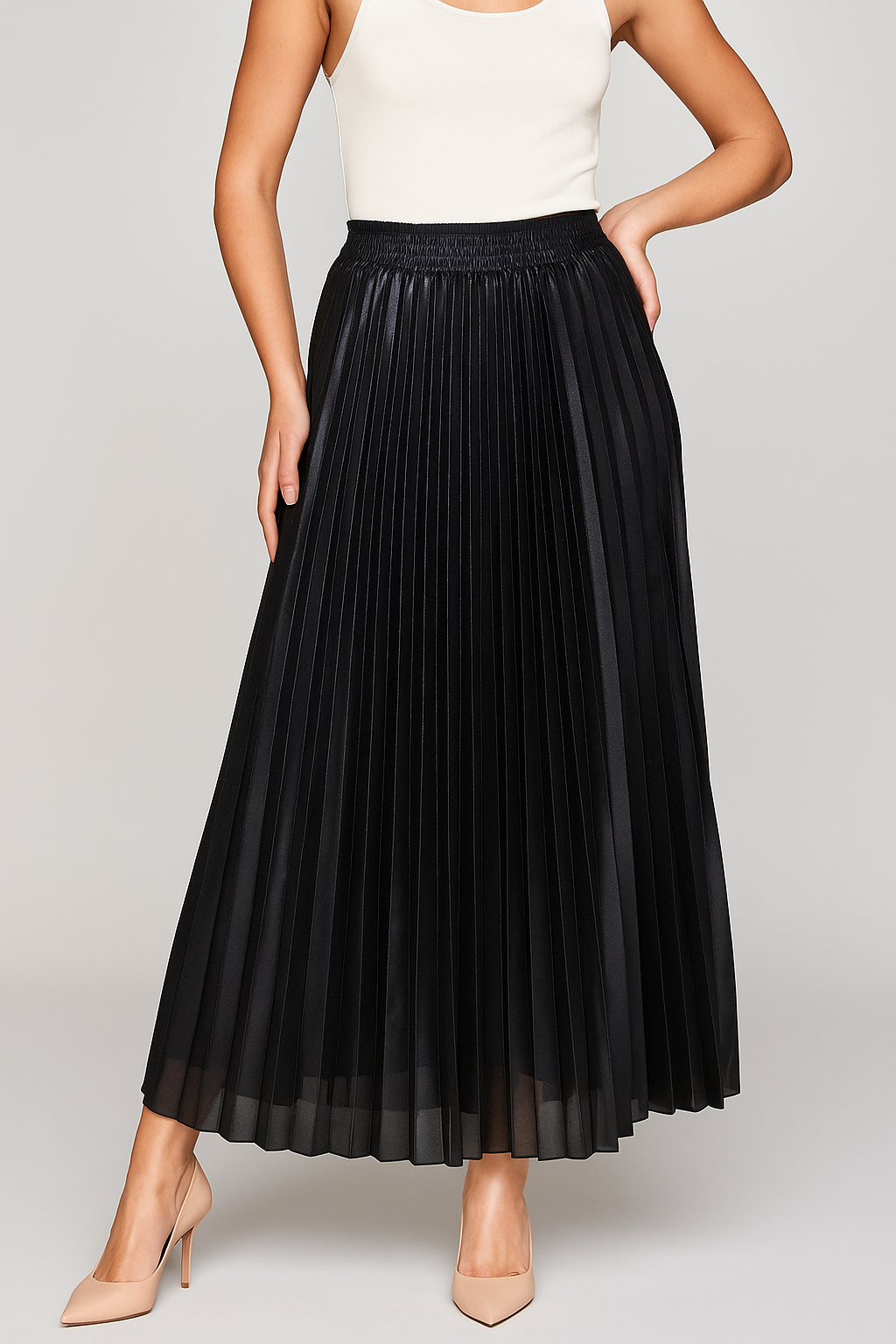 Women's Black Pleated Skirt with a Wide Gathered Waistband and Sheer Hemline-3