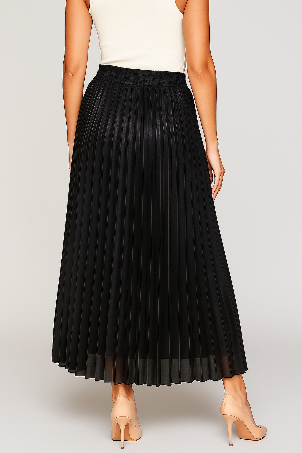 Women's Black Pleated Skirt with a Wide Gathered Waistband and Sheer Hemline-4