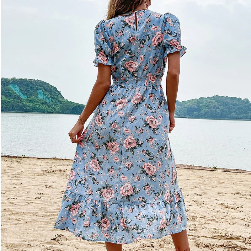 Astra Floral Print Midi Dress, a stylish mini dress with vibrant floral pattern, perfect for casual or semi-formal wear.