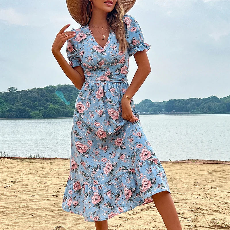Astra floral print midi dress, lightweight mini dress with vibrant floral pattern, perfect for casual or semi-formal wear.