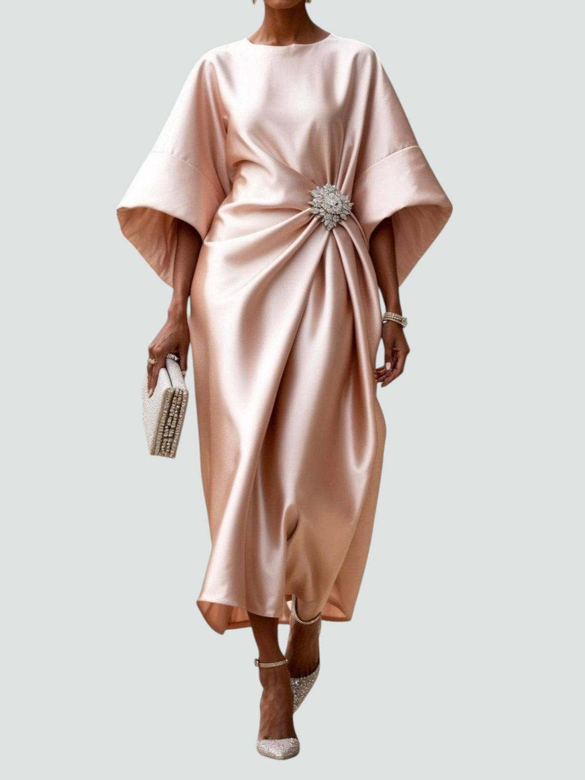Draped Boat-Neck Dress with Wide Sleeves and a Floral Embellishment at the Waist-5