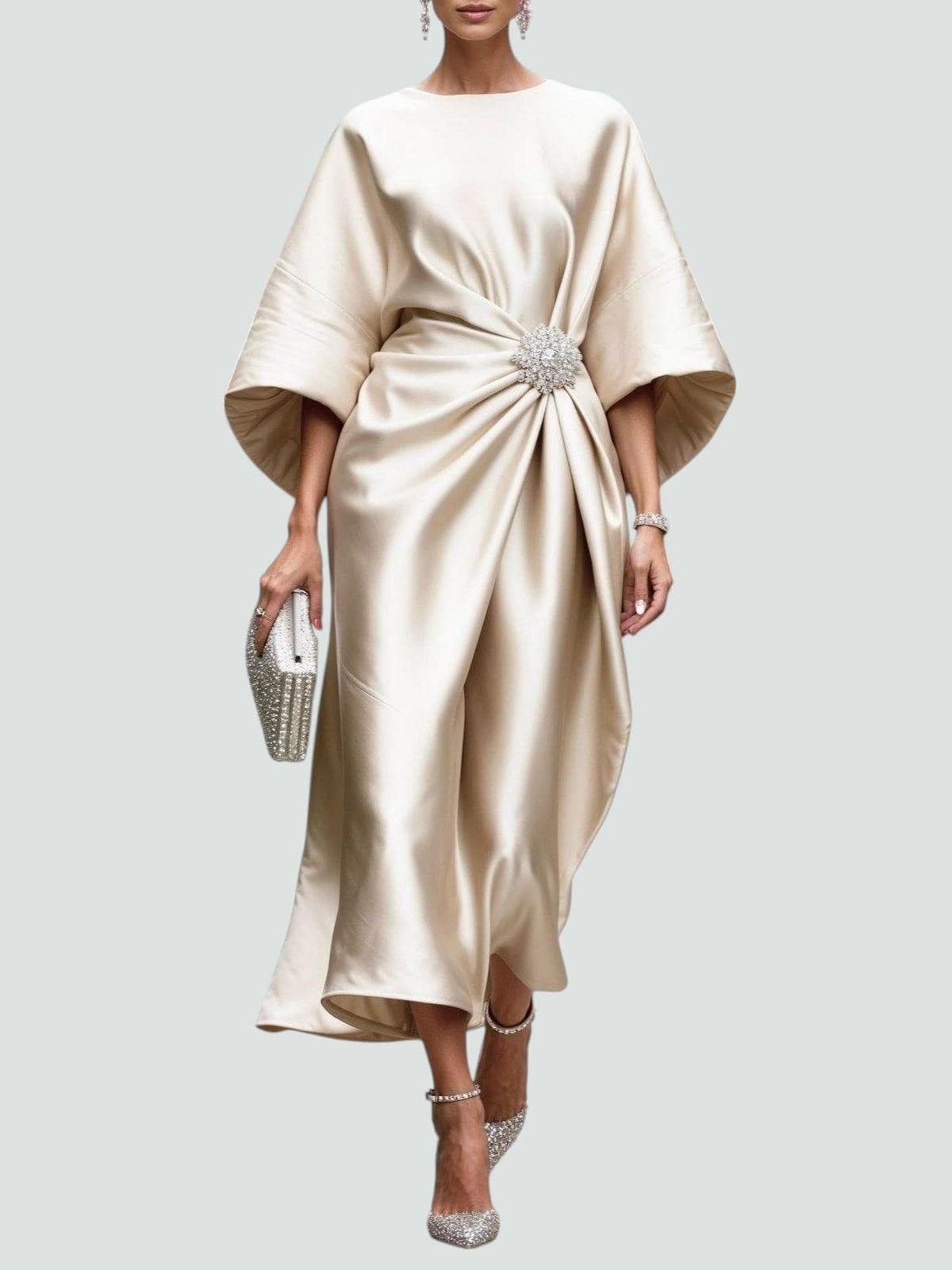 Draped Boat-Neck Dress with Wide Sleeves and a Floral Embellishment at the Waist-6
