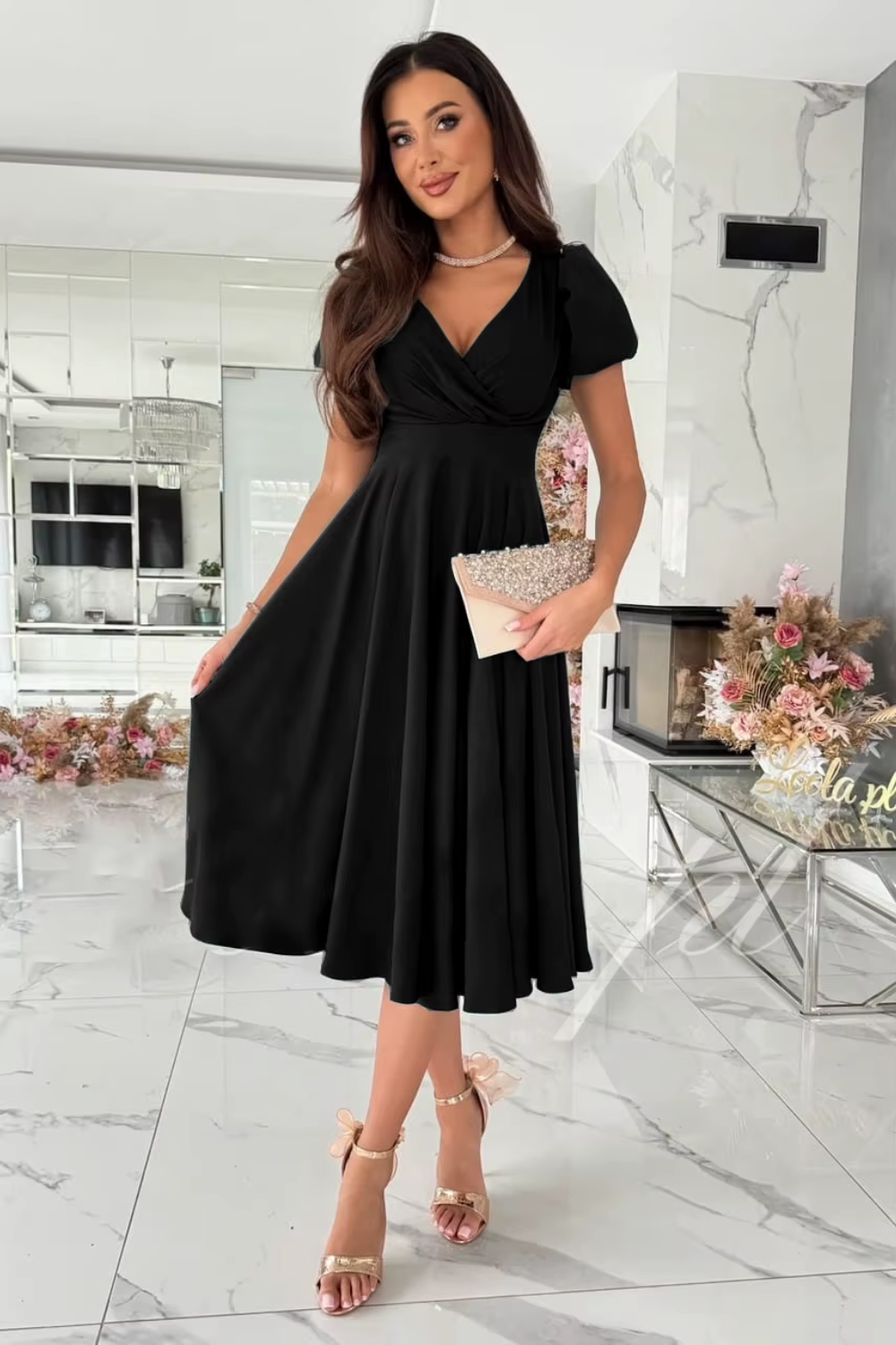 Women's midi dress with a V-neckline