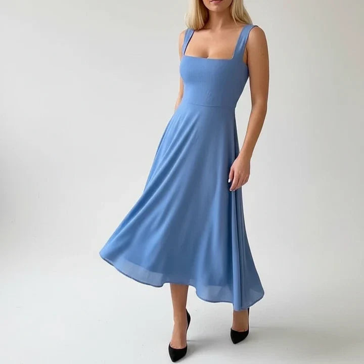 Women's midi sleeveless dress with a square neckline