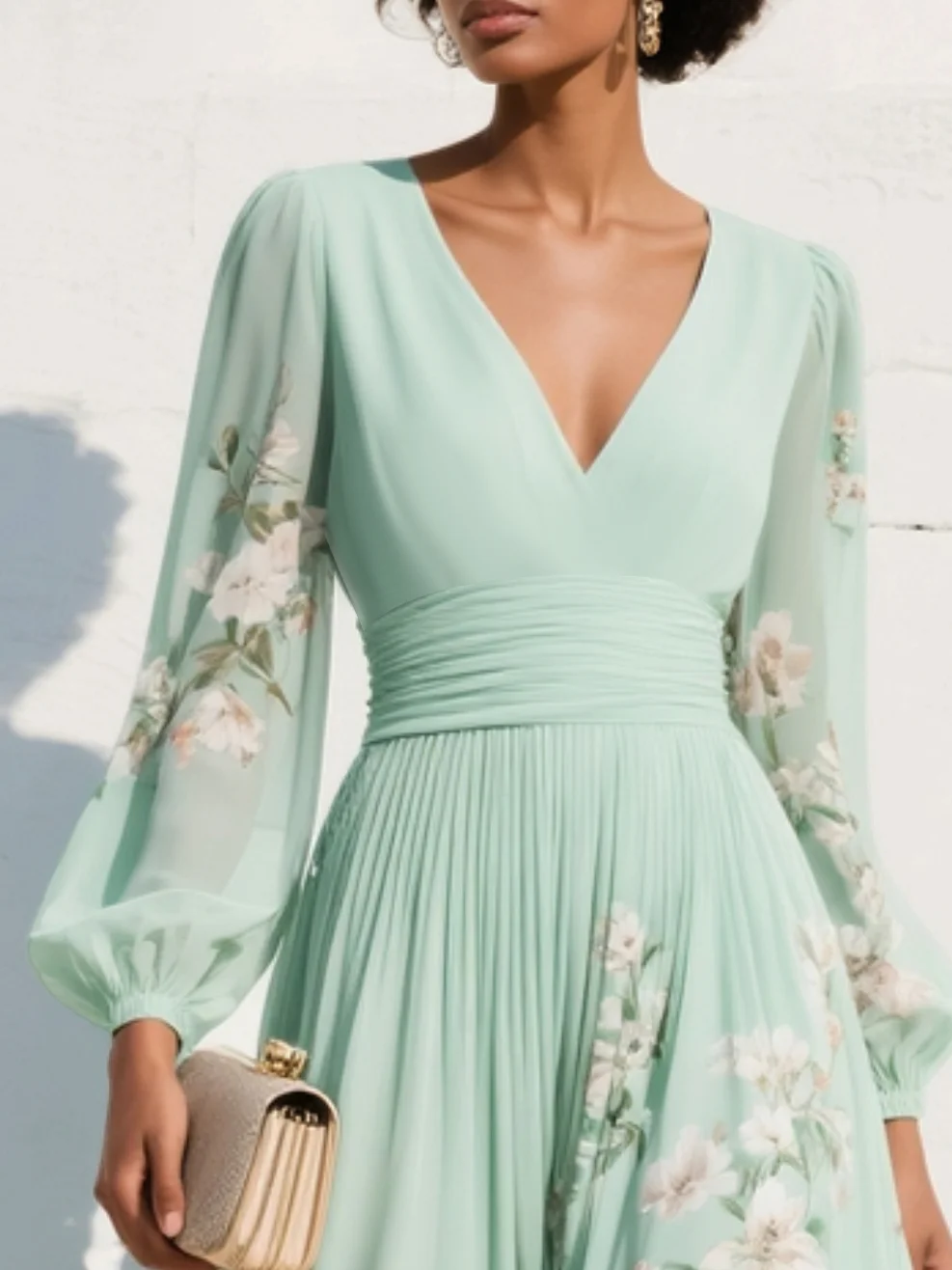 Women's A-line midi dress with a V-neckline
