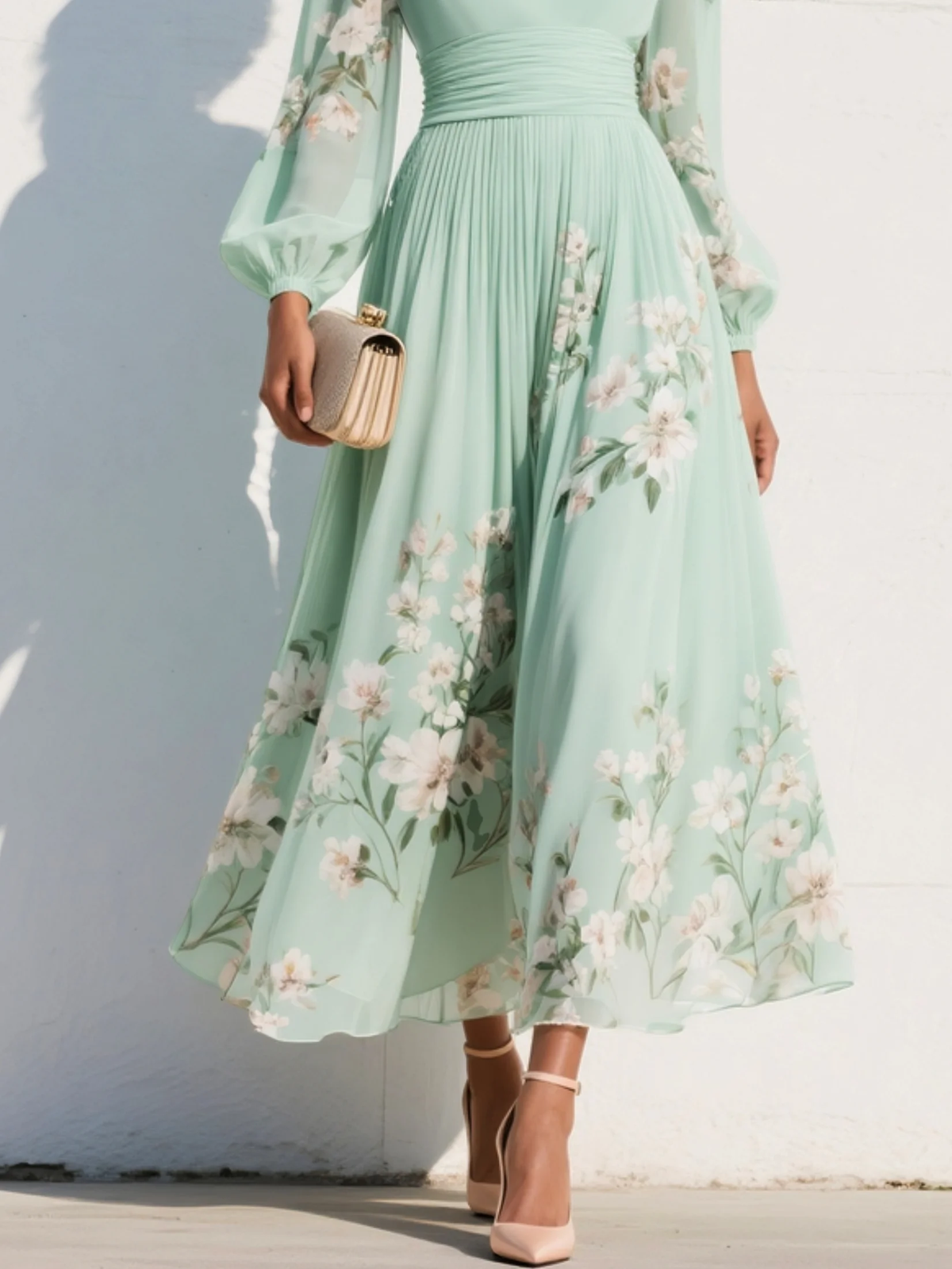 Women's A-line midi dress with a V-neckline