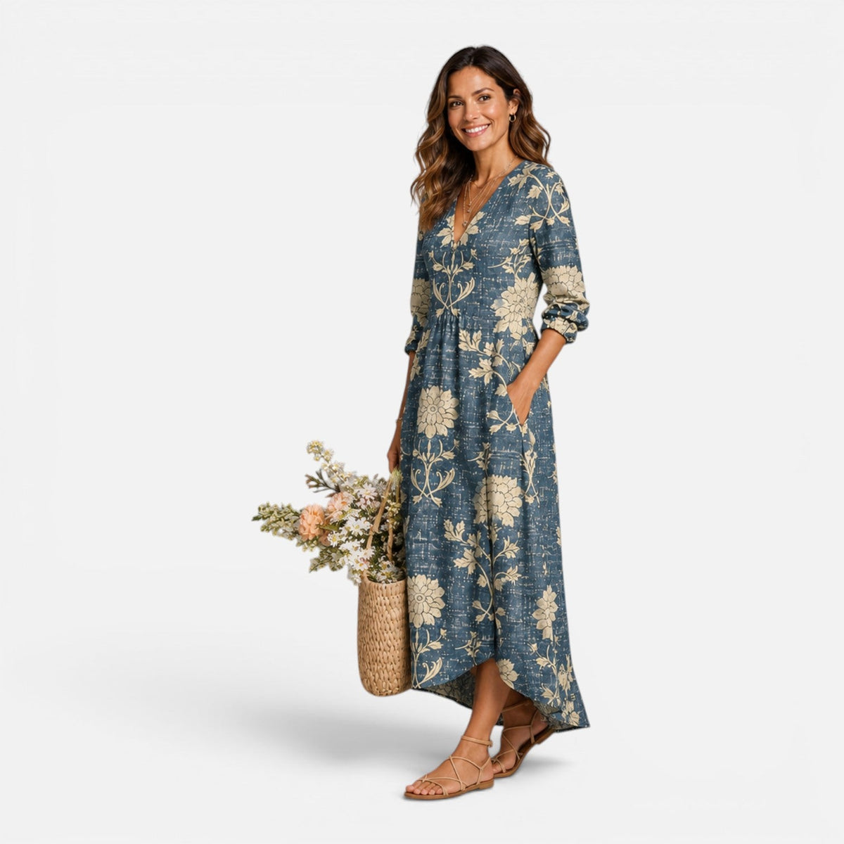 Women's maxi floral dress with a V-neckline