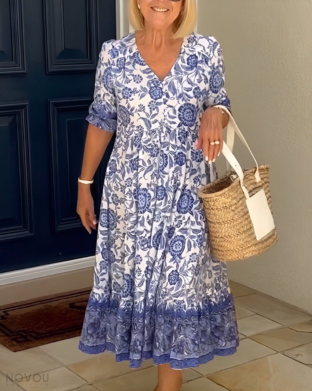 Women's tiered midi dress with a V-neckline