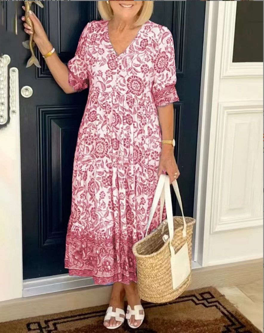 Women's tiered midi dress with a V-neckline
