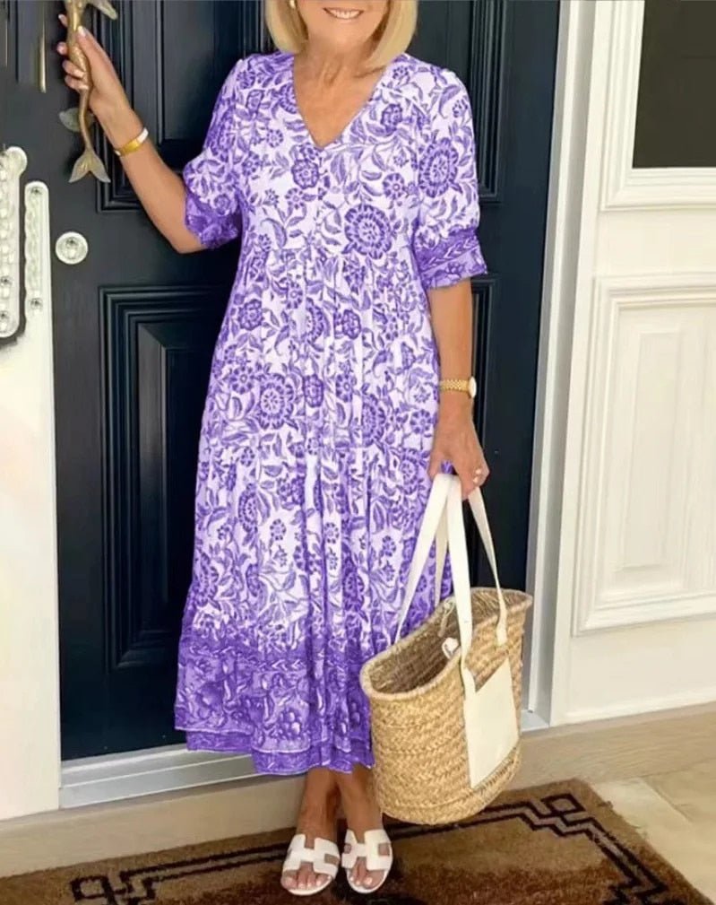 Women's tiered midi dress with a V-neckline