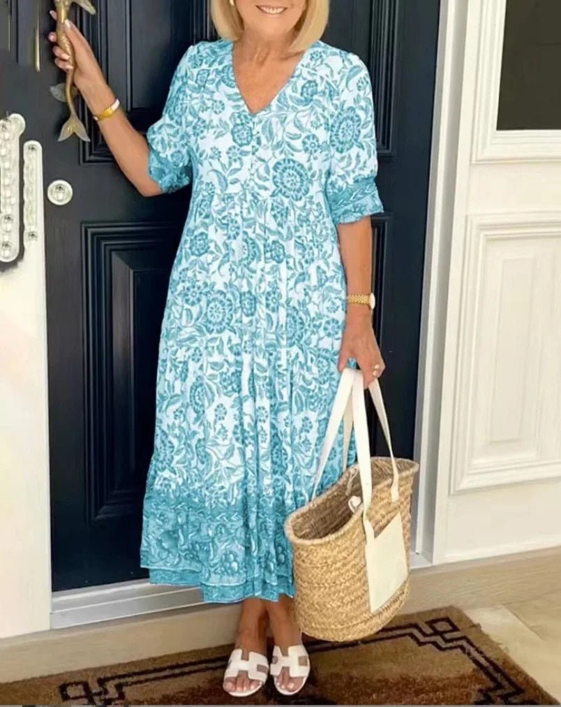 Women's tiered midi dress with a V-neckline