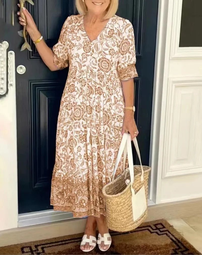 Women's tiered midi dress with a V-neckline