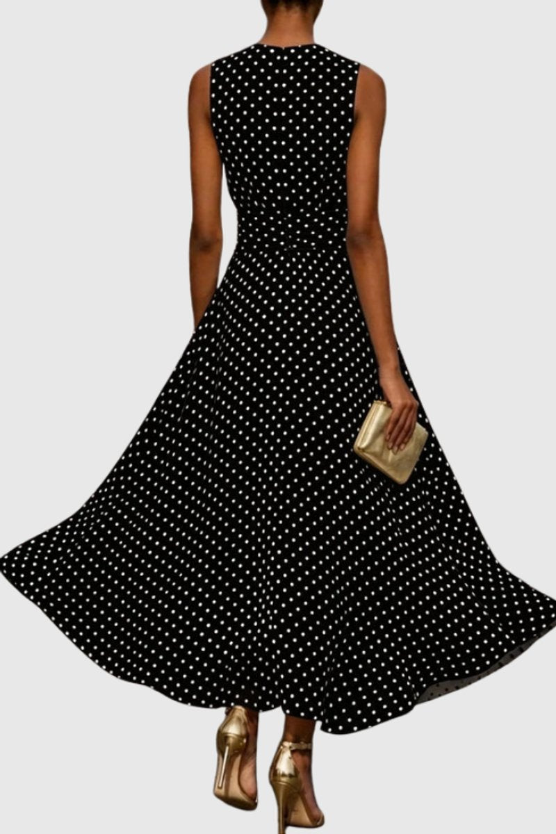 Women's Polka Dot Sleeveless Ruffle-Hem Evening Gown Maxi Dress