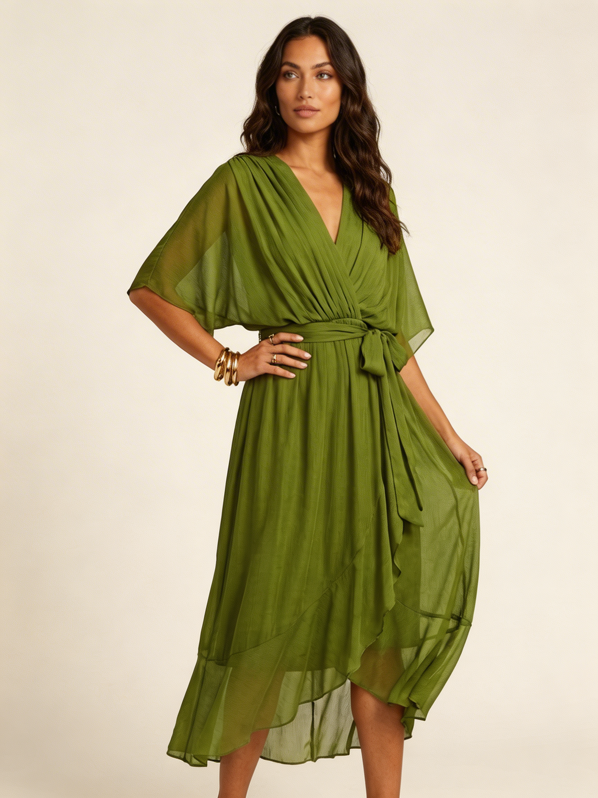 Women's wrap midi dress with a V-neckline