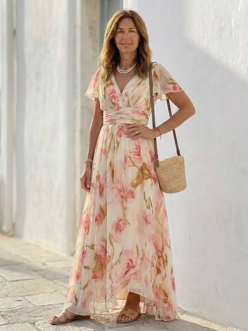 Maxi floral dress with a V-neckline