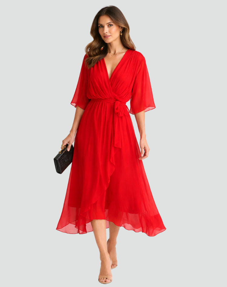 Women's wrap midi dress with a V-neckline