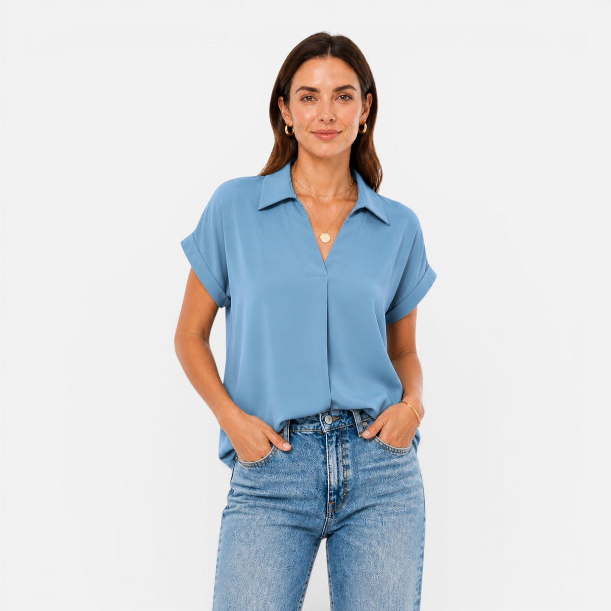 Women's short-sleeve blouse with a V-neckline