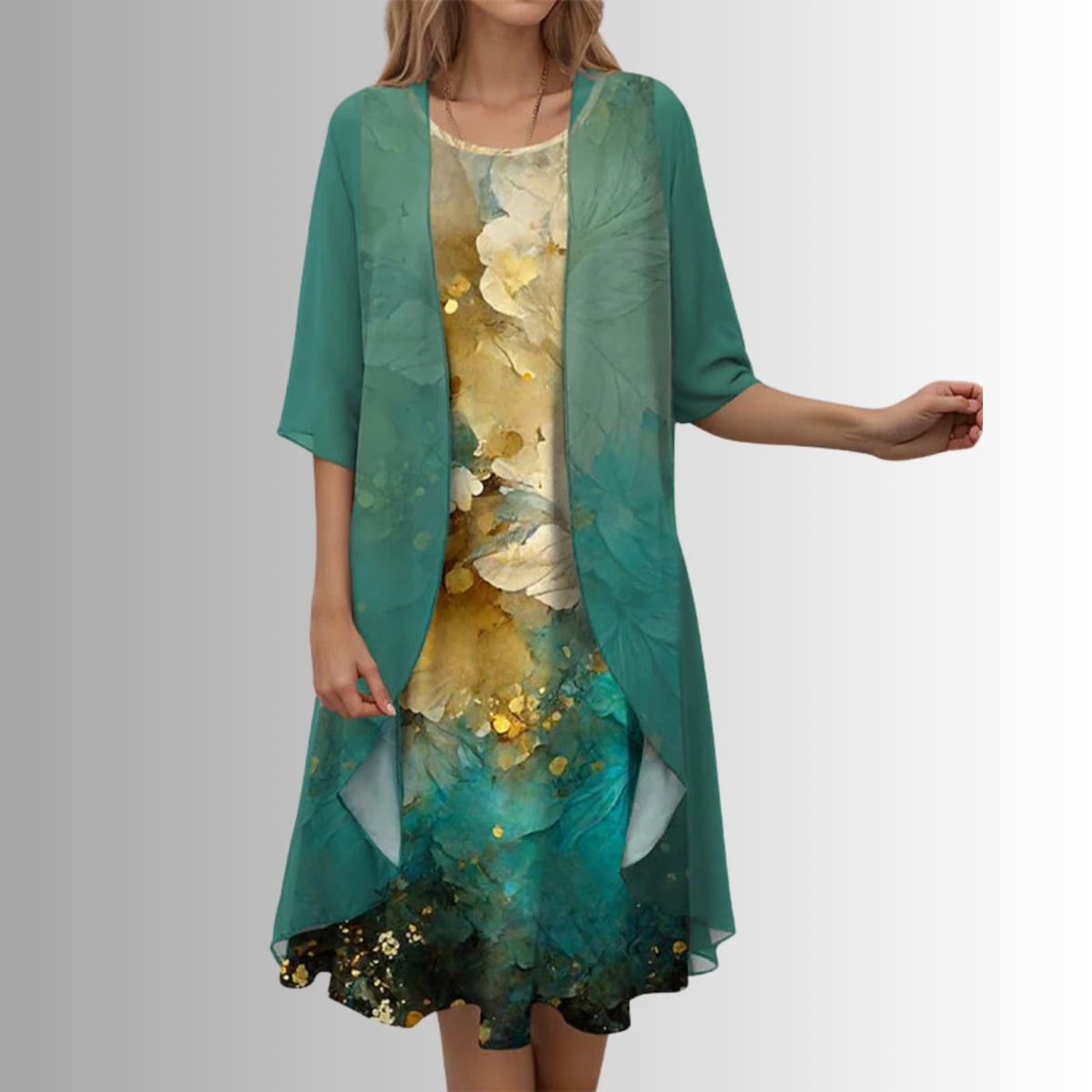 Women's dark green layered dress and open-front duster set