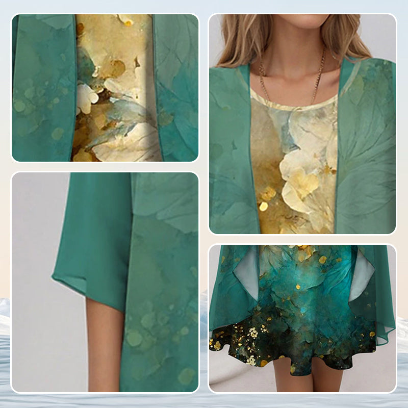 Women's green layered dress and open-front duster set
