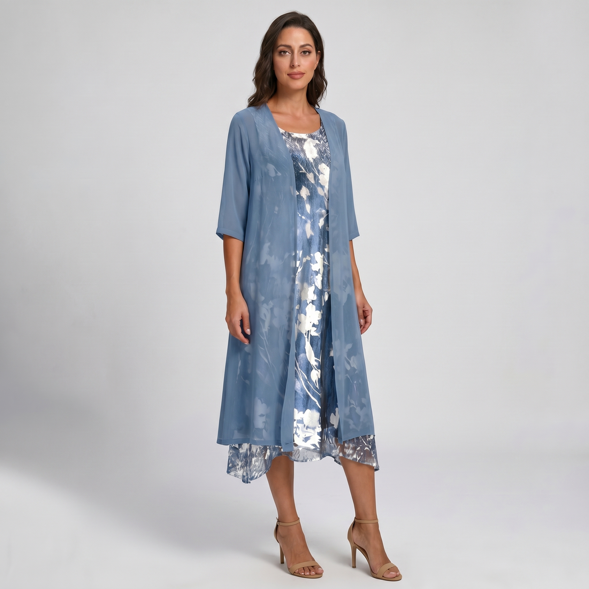 Women's blue layered dress and open-front duster set