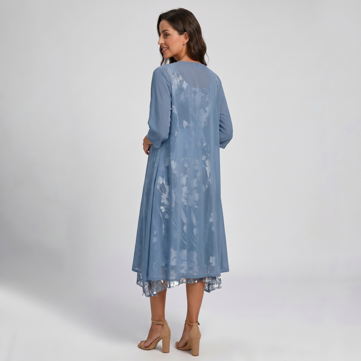 Women's blue layered dress and open-front duster set