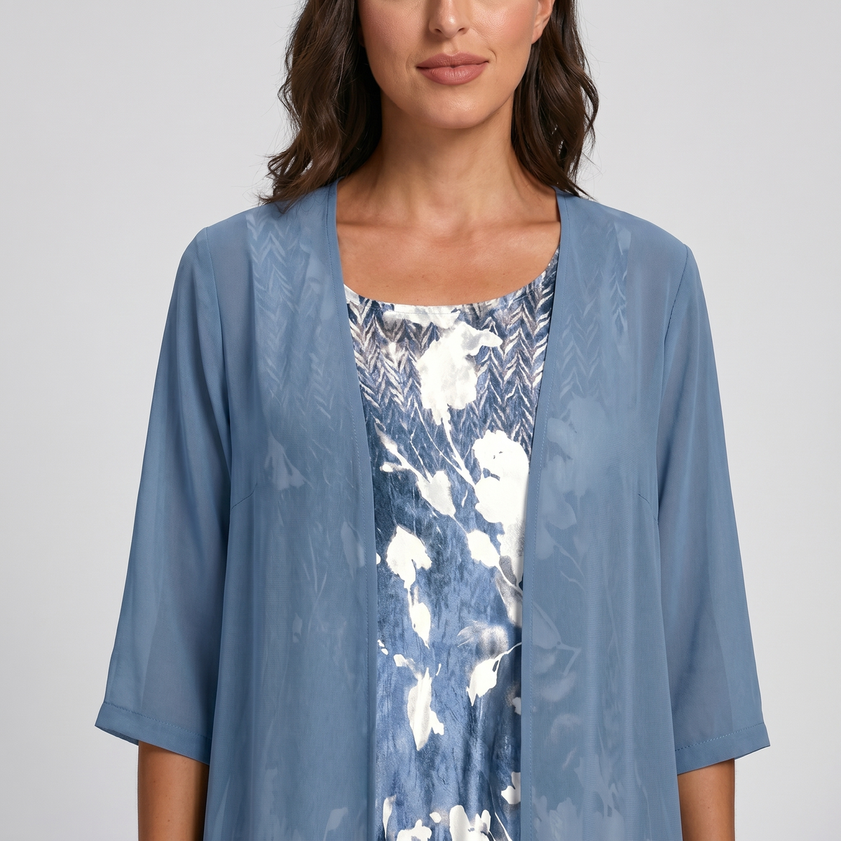 Women's blue layered dress and open-front duster set