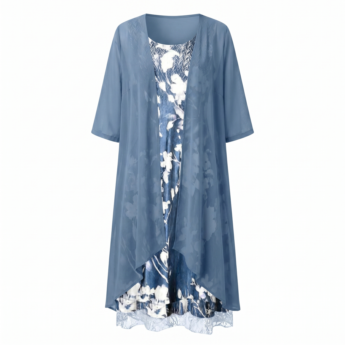 Women's blue layered dress and open-front duster set