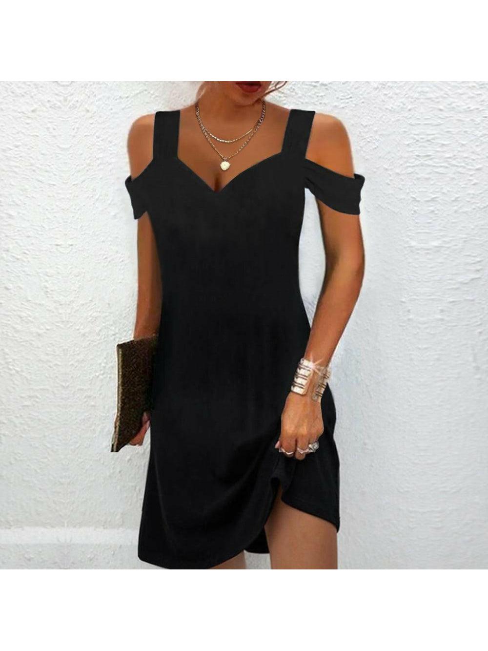 Avril chic off-shoulder dress, stylish black dress with ruffle details, perfect for elegant occasions.