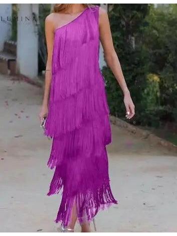 Purple Anne one-shoulder evening dress, stylish wedding guest dress with elegant design.