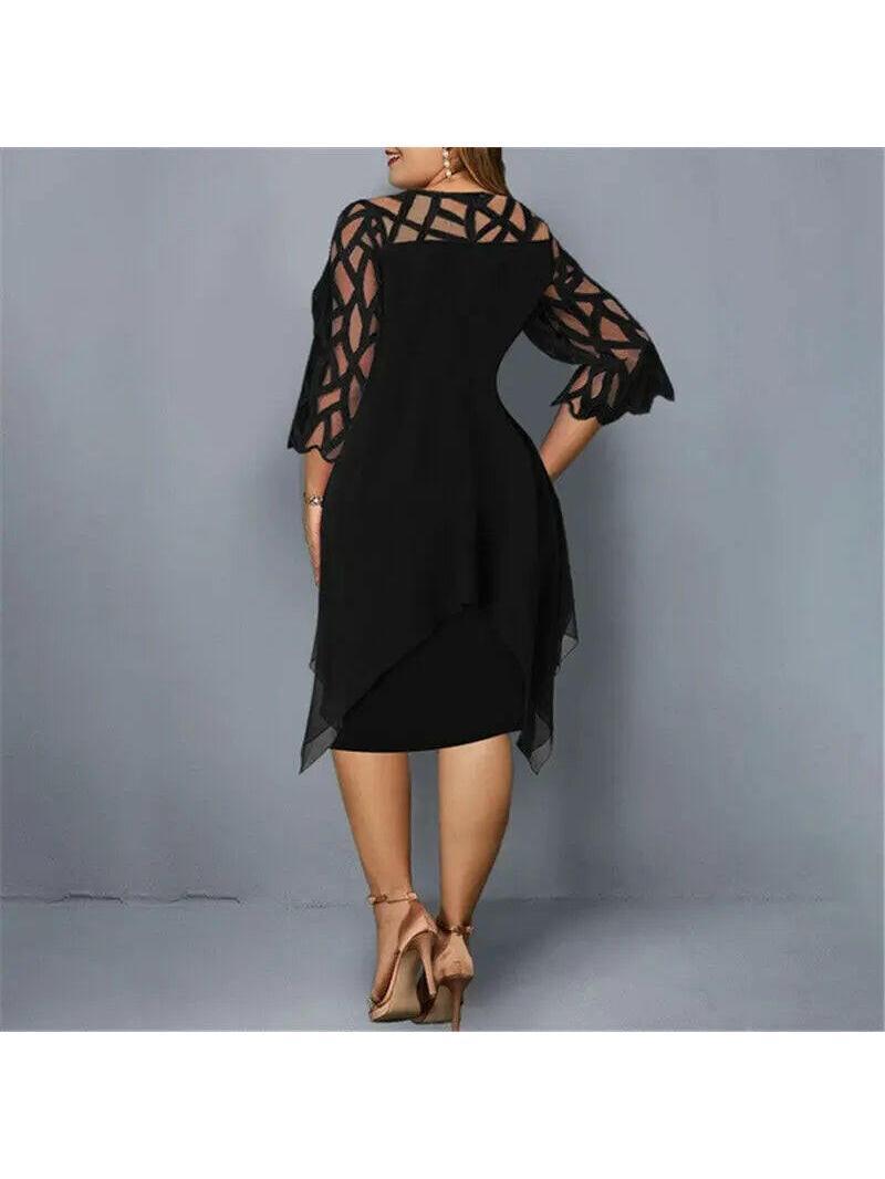 Back view of a black dress with geometric sheer sleeves