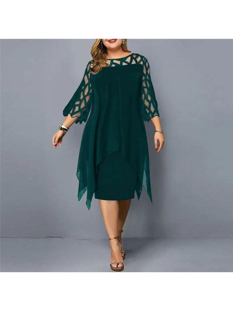Woman wearing a dark-green dress with geometric sheer sleeves, front view