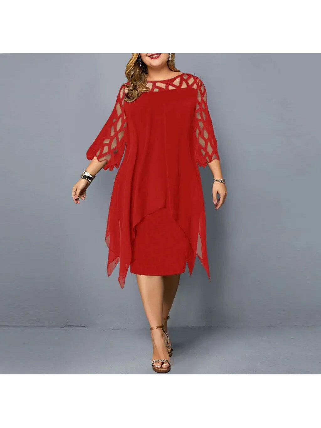 Woman wearing a red dress with geometric sheer sleeves, front view