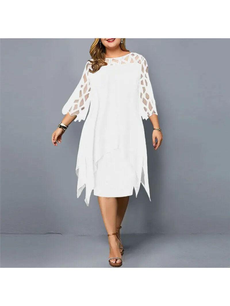 Woman wearing a white dress with geometric sheer sleeves, front view