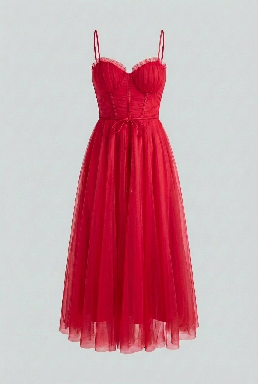 Red Victoria elegant flowy A-line midi dress, showcasing a sleek silhouette and stylish midi length.