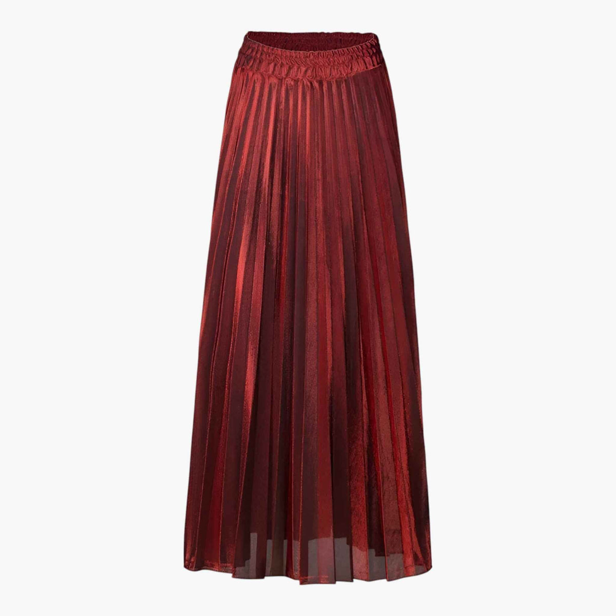 Women's Red Pleated Skirt with a Wide Gathered Waistband and Sheer Hemline-1