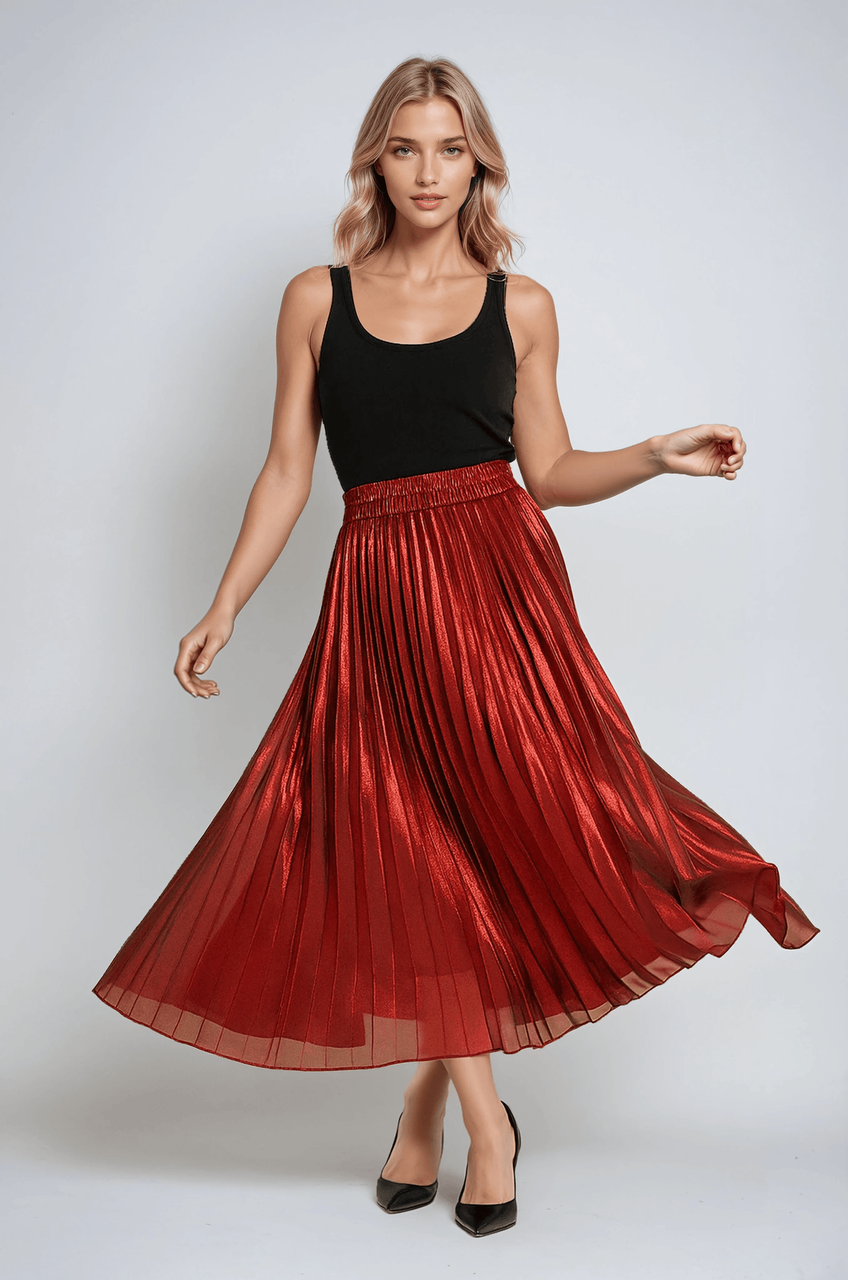 Women's Red Pleated Skirt with a Wide Gathered Waistband and Sheer Hemline-2