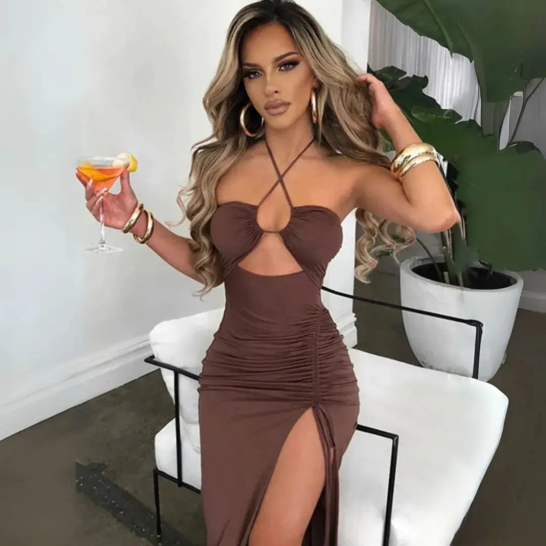 Ruched halter-neck dress with a front cut-out