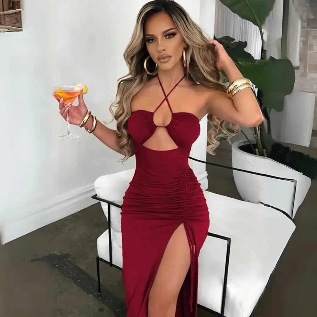 Ruched halter-neck dress with a front cut-out