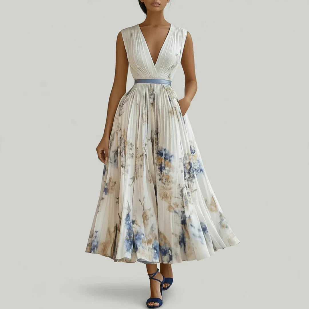 Women's A-line midi dress with a V-neckline
