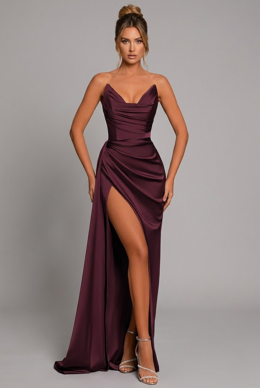 Bodycon Maxi Dress Women's | Strapless Ruched & High Split Gown