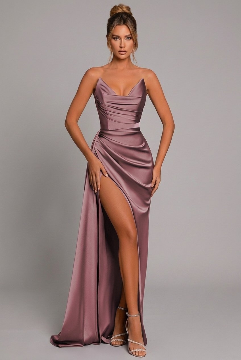 Bodycon Maxi Dress Women's | Strapless Ruched & High Split Gown