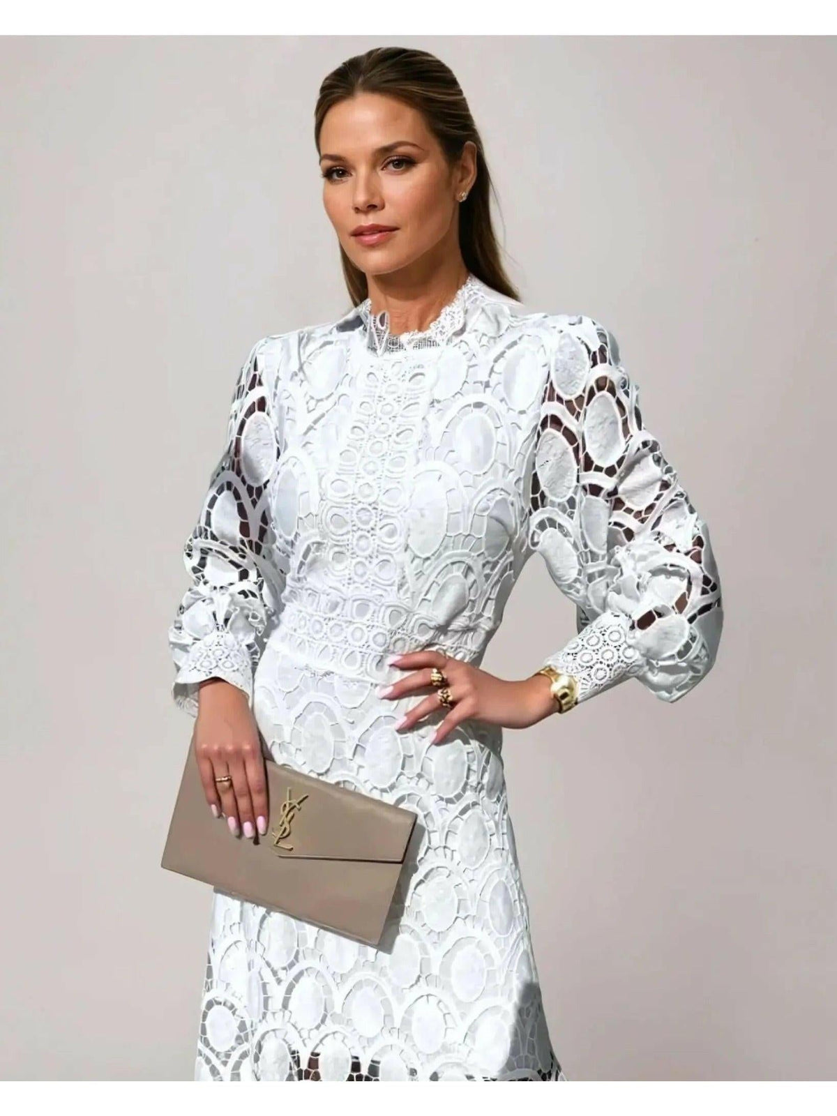 Apricot French lace dress, Amélie style, featuring intricate lace details and a flattering fit.