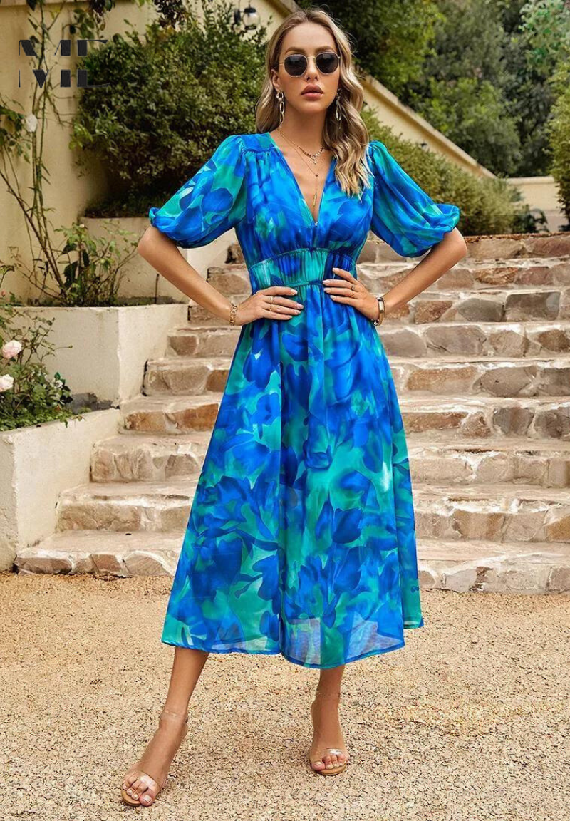 Blue-and-teal abstract floral V-neck midi dress, front view